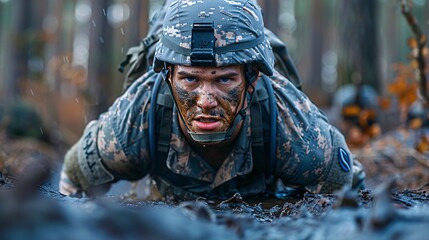 Poster - Individual pushing through a muddy swamp their face showing determination Stock Photo with copy space