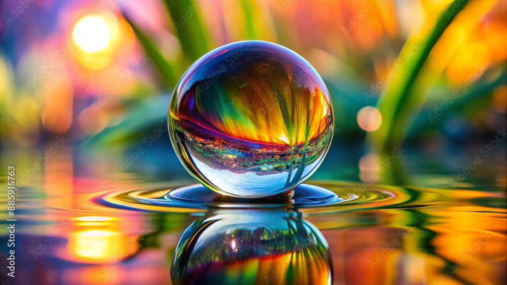 Serene spherical droplet of water refracts light, revealing a miniature ...