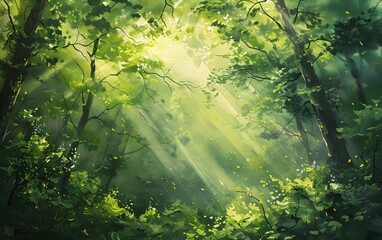 Wall Mural - sunbeams through green forest landscape