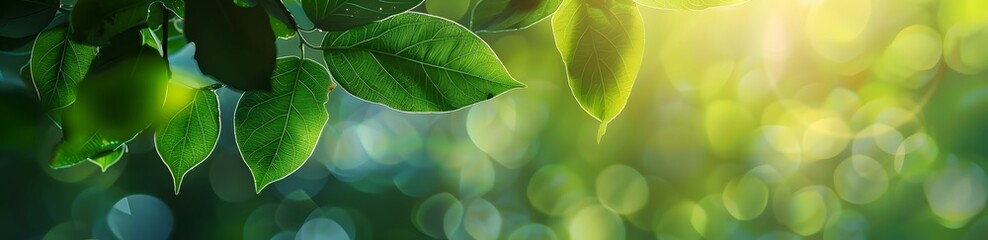 Wall Mural - green leaf banner with blurred nature background