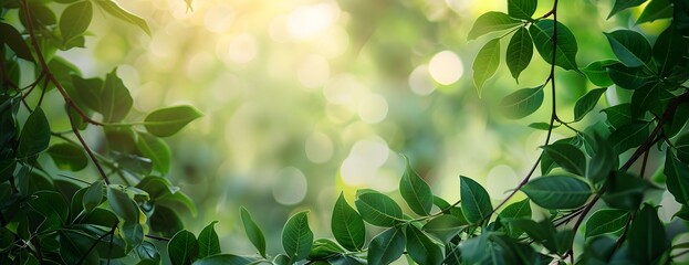 Wall Mural - green leaves background with bokeh & sunlight