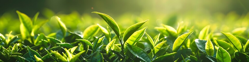 Wall Mural - green tea leaves in sunlight with blurred background