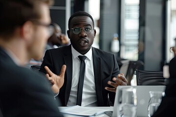 Wall Mural - Serious businessman talking to colleagues during meeting in office. Group of businesspeople sitting at table and discussing something. Communication concept