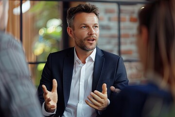 Wall Mural - Serious businessman talking to colleagues during meeting in office. Group of businesspeople sitting at table and discussing something. Communication concept