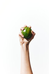 Wall Mural - Hand holding green fruit with copy space on white background