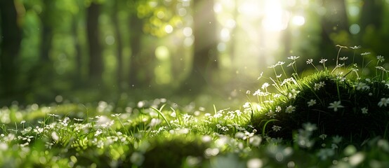Wall Mural - sunlight through forest with white flowers