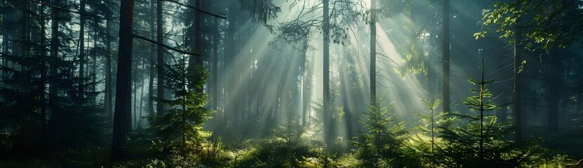 Wall Mural - sunbeams through misty pine forest