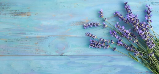 Wall Mural - lavender flowers on blue wooden table