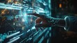 © savittree - Cybernetic hand interacting with a virtual screen, highlighting machine learning and big data
