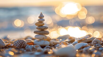 Canvas Print - Zen Stone Stack on Seashells with Blurred Sunset Background