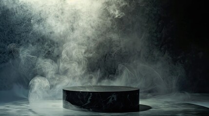 Dark room with a black marble table podium and dense smoke filling the space