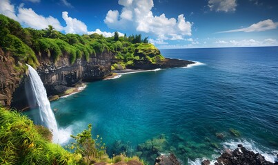 Sticker - Hawaiian Waterfall Cascading into Ocean