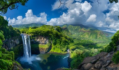 Wall Mural - Waikolu Valley Waterfall, Lush Greenery, Hawaii