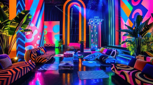Vividly decorated stage with bright hues and geometric designs, perfect for an event