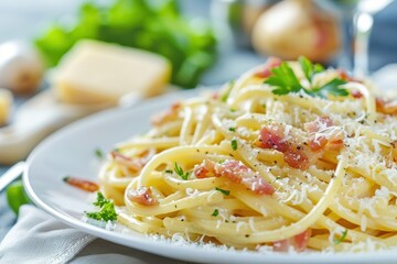 Wall Mural - Classic Spaghetti Carbonara with Fresh Ingredients. Generative AI.