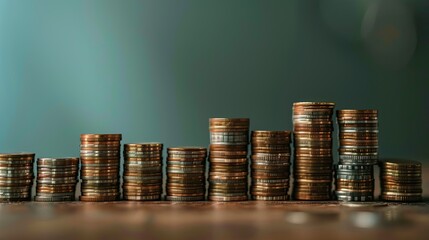 Coins arranged in ascending order to form a bar graph, showing financial growth.