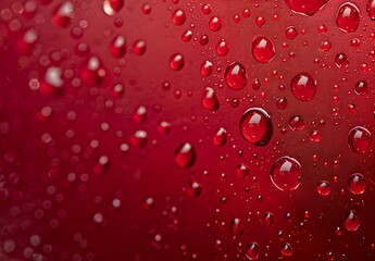 Wall Mural - Water Droplets on Red Background Macro Photography