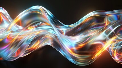 Wall Mural - Abstract liquid glass holographic iridescent neon curved wave in motion dark background