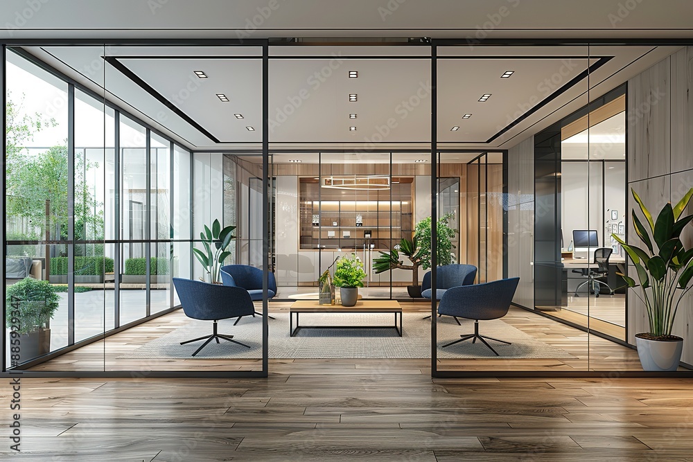 Modern Office Interior Design Featuring Two Glass Walls with Clear ...