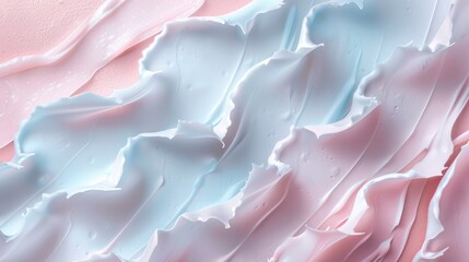 Detailed texture of hydrating face cream slashes and waves against a soft pastel backdrop, illustrating the luxurious feel of skincare products.