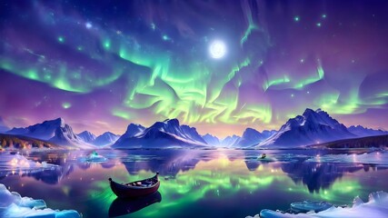 Wall Mural - The background is a clear pond with stars, planets and constellations reflected in it. In the foreground is a small boat with a couple sailing on the pond. The edge of the pond is made of ice 