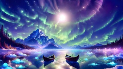 Wall Mural - The background is a clear pond with stars, planets and constellations reflected in it. In the foreground is a small boat with a couple sailing on the pond. The edge of the pond is made of ice 