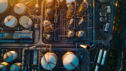 Aerial perspective of oil refinery and gas power plant, featuring storage tanks and demand price chart concepts for market analysis