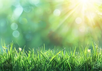 Wall Mural - springtime green grass sun rays blurred background