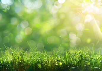 Wall Mural - springtime grass with sun rays and bokeh