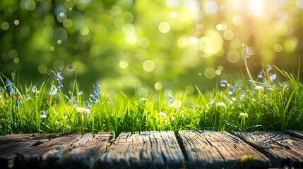 Wall Mural - spring meadow with wooden tabletop for product display