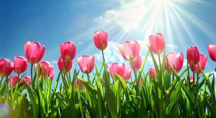 Poster - Springtime Tulips Field with Sun Rays