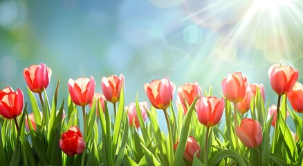 Wall Mural - Springtime Tulip Field with Sunbeams