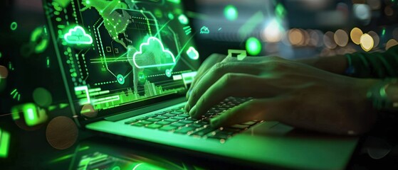 Poster - Hand typing on laptop with connection cloud computing data transfer