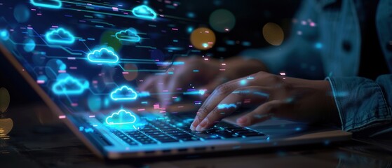 Poster - Hand typing on laptop with connection cloud computing data transfer