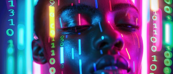 Poster - Futuristic woman face digital data technology background