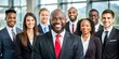 © kansak01 - a group of diverse business people smiling and standing in front of the camera, african american man wearing black suit with red