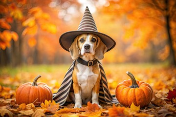 Adorable beagle dog dressed in orange and black striped witch hat and cape, sitting on leaf-covered ground, surrounded by fallen autumn leaves and lit pumpkins.