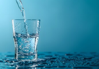 Wall Mural - Pouring Water into Glass with Blue Background