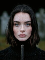 Wall Mural - Pensive young woman with freckles and dark hair