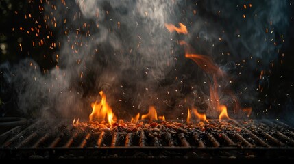 Wall Mural - experience the hypnotic allure of a blazing grill, as flames lick and flicker amidst a haze of smoke