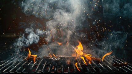 Wall Mural - experience the hypnotic allure of a blazing grill, as flames lick and flicker amidst a haze of smoke