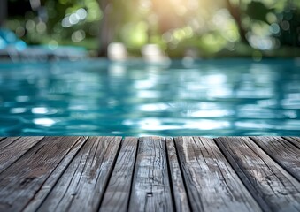 Wall Mural - Wooden Deck Over Blurry Swimming Pool