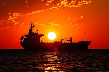 a silhouette of a cargo ship at sunset background.