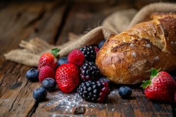 Freshly baked bread loaf is presented on a rustic wooden table and surrounded by a vibrant mix of fresh berries