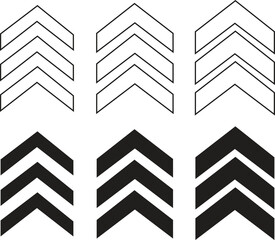 Poster - Chevron arrow line, flat icons Set gracefully point upward, symbolizing upward direction or movement. Three arrows in column. Road caution, military, navigation sign isolated on transparent background