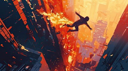 Dramatic escape from a burning skyscraper, character in mid-air jump,