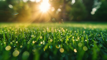 Poster - Dewy Grass with Sun Rays