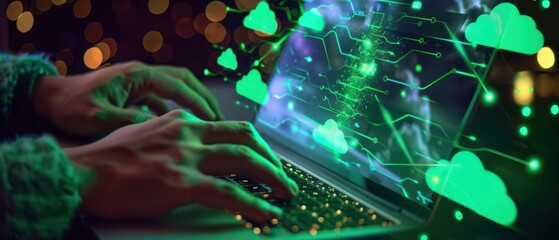 Poster - Hand typing on laptop with connection cloud computing data transfer