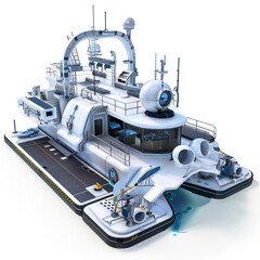 Poster - 3D Render of a Floating Research Center with Submersible Dock and Marine Biology Labs, on isolated white background, Generative AI