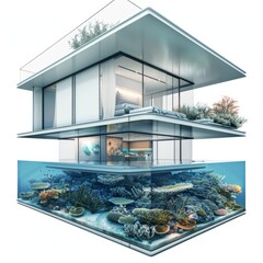 Poster - 3D Render of a Floating Residential House with Glass Walls and Underwater Views, on isolated white background, Generative AI